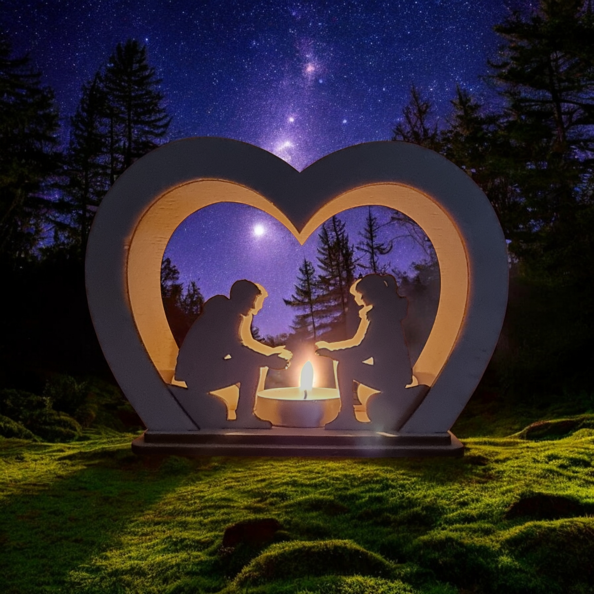 Laser Cut File Teelichthalter – Romantisches Paar am Lagerfeuer für 4mm Holzdicke