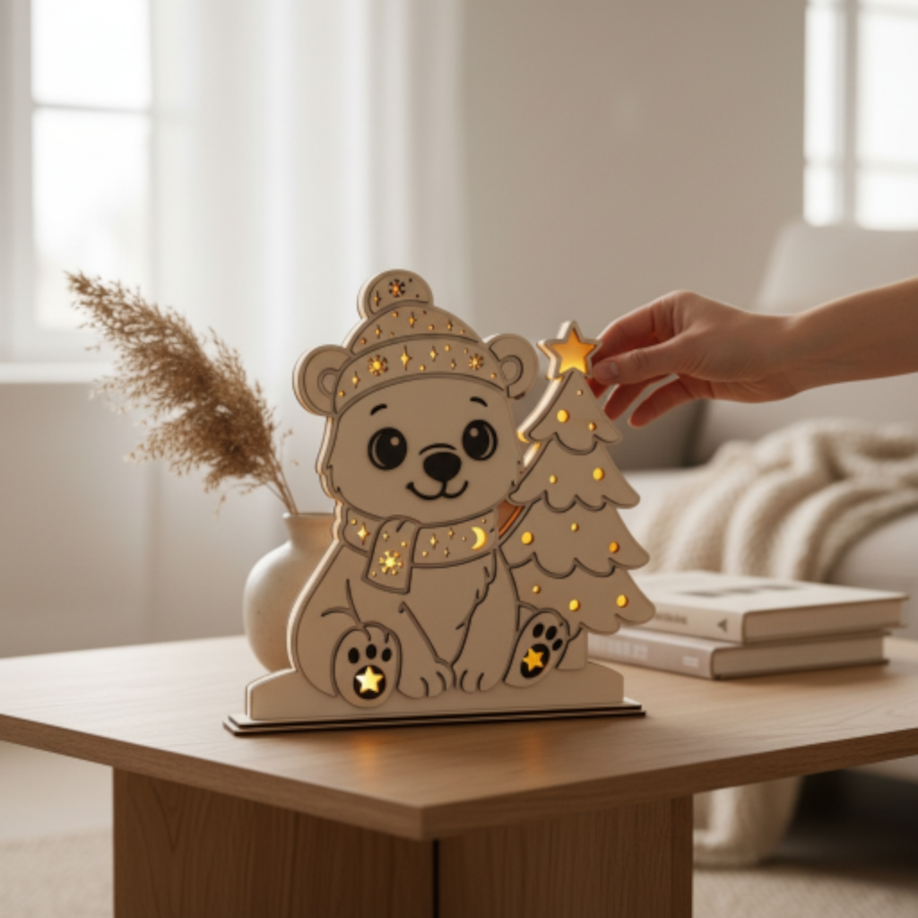 Laserdatei LED Eisbär – Winter Nachtlicht & Weihnachtsdeko aus Holz