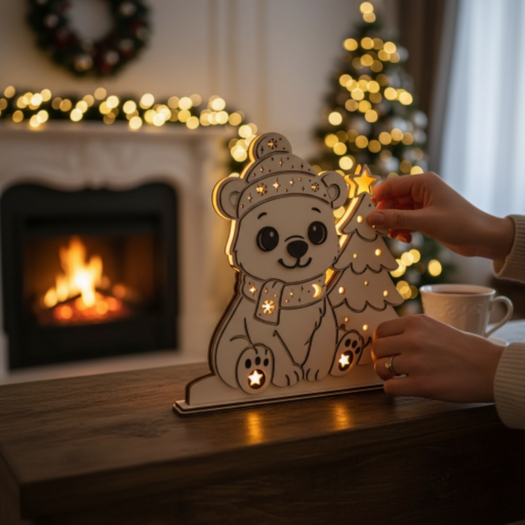Laserdatei LED Eisbär – Winter Nachtlicht & Weihnachtsdeko aus Holz