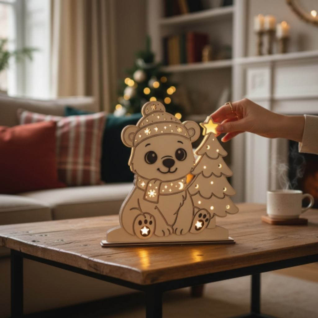 Laserdatei LED Eisbär – Winter Nachtlicht & Weihnachtsdeko aus Holz