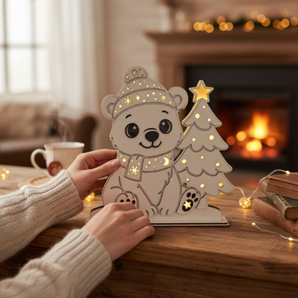 Laserdatei LED Eisbär – Winter Nachtlicht & Weihnachtsdeko aus Holz