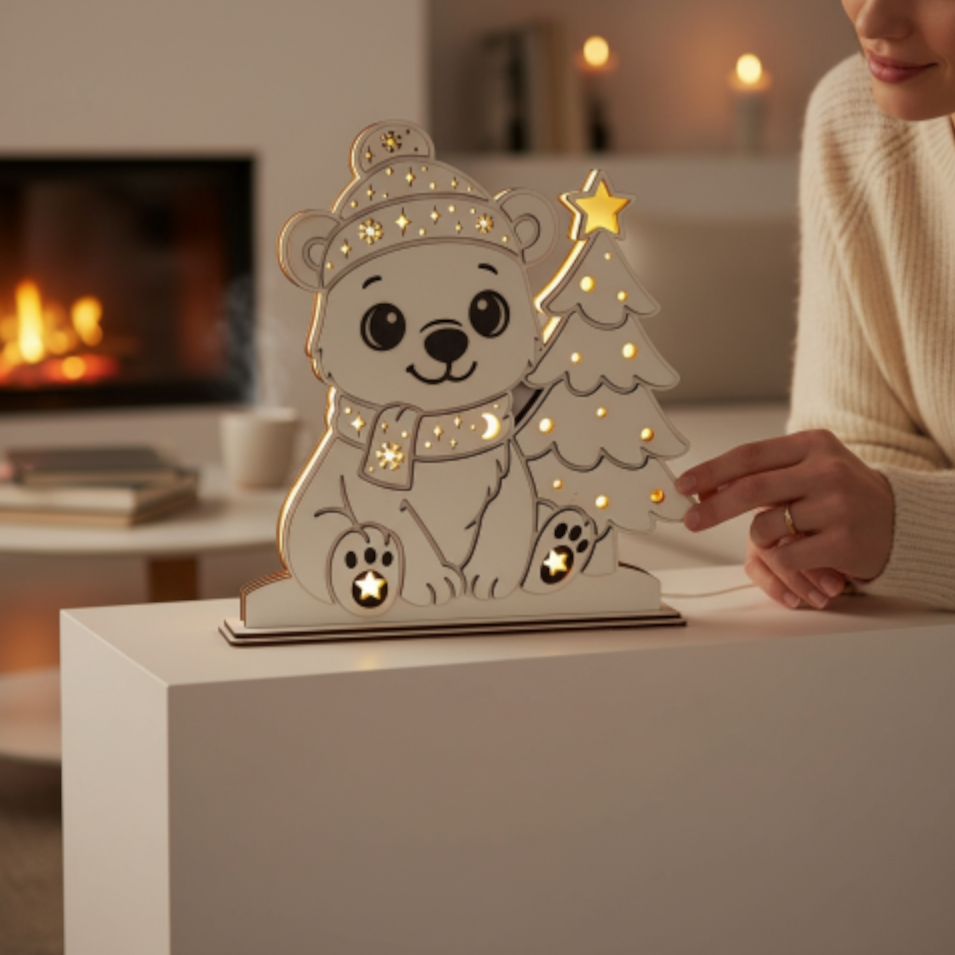 Laserdatei LED Eisbär – Winter Nachtlicht & Weihnachtsdeko aus Holz
