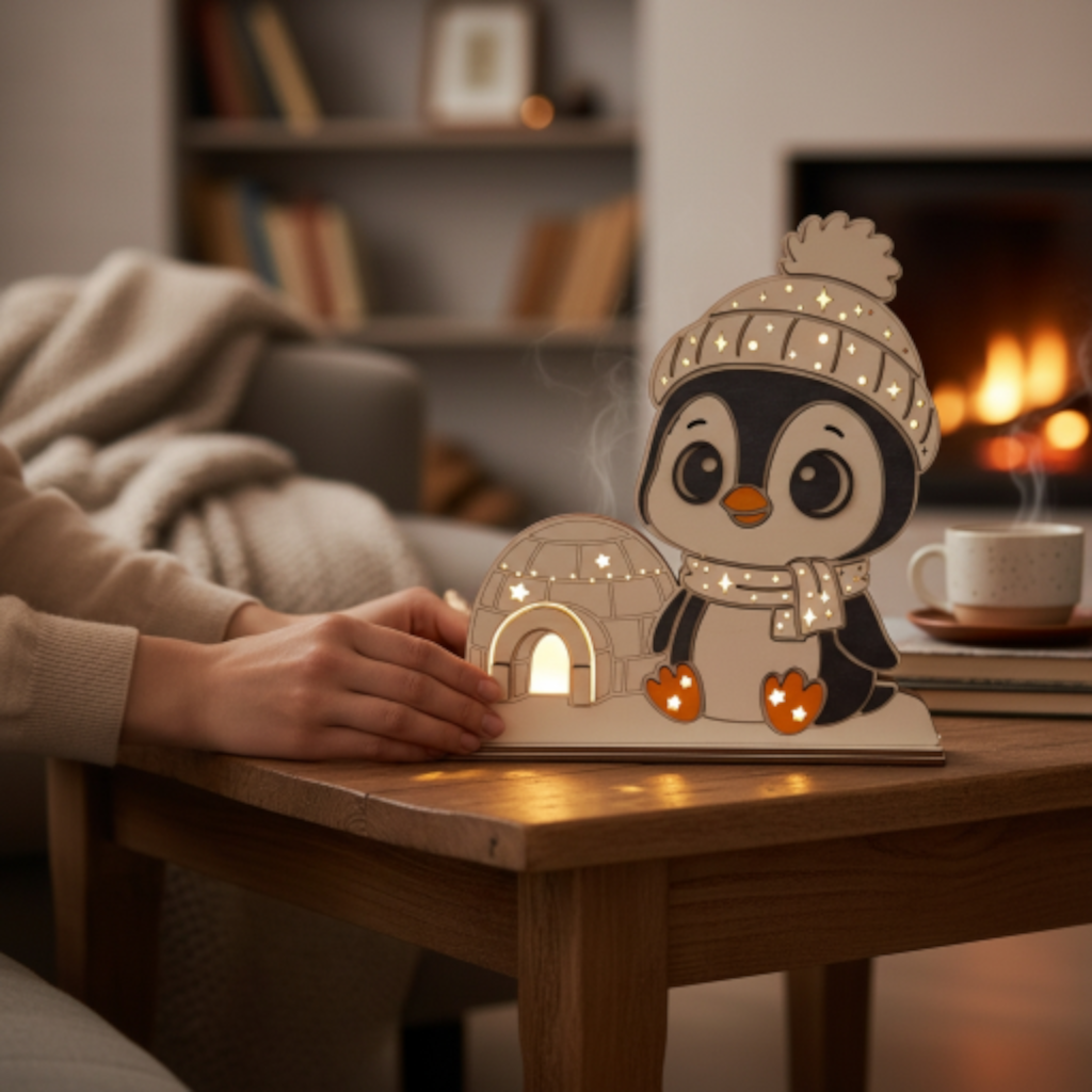 Laser Cut File: LED Pinguin Nachtlicht – Leuchtende Weihnachtsdeko