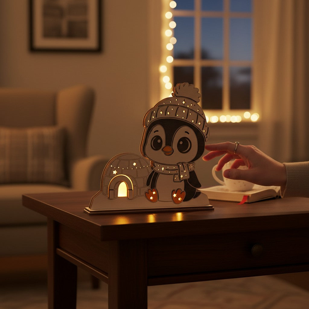 Laser Cut File: LED Pinguin Nachtlicht – Leuchtende Weihnachtsdeko