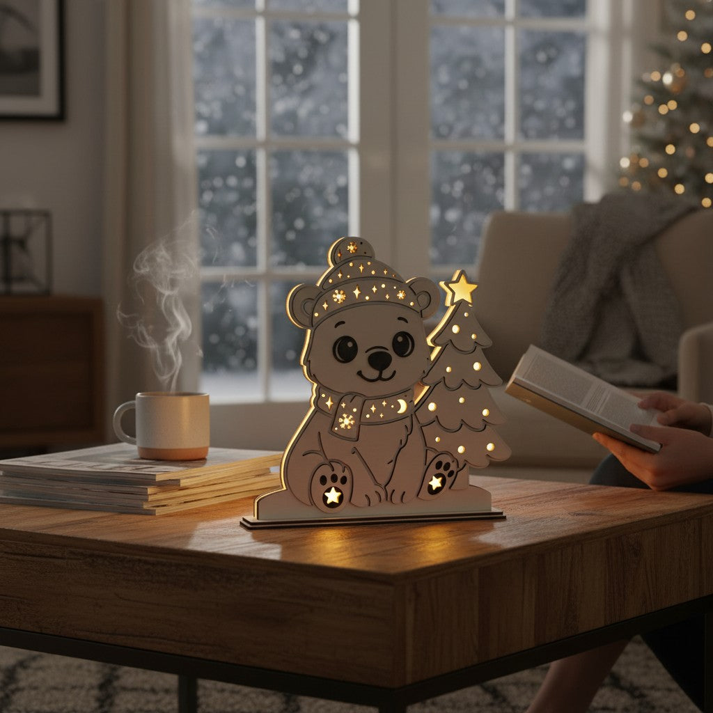 Laserdatei LED Eisbär – Winter Nachtlicht & Weihnachtsdeko aus Holz