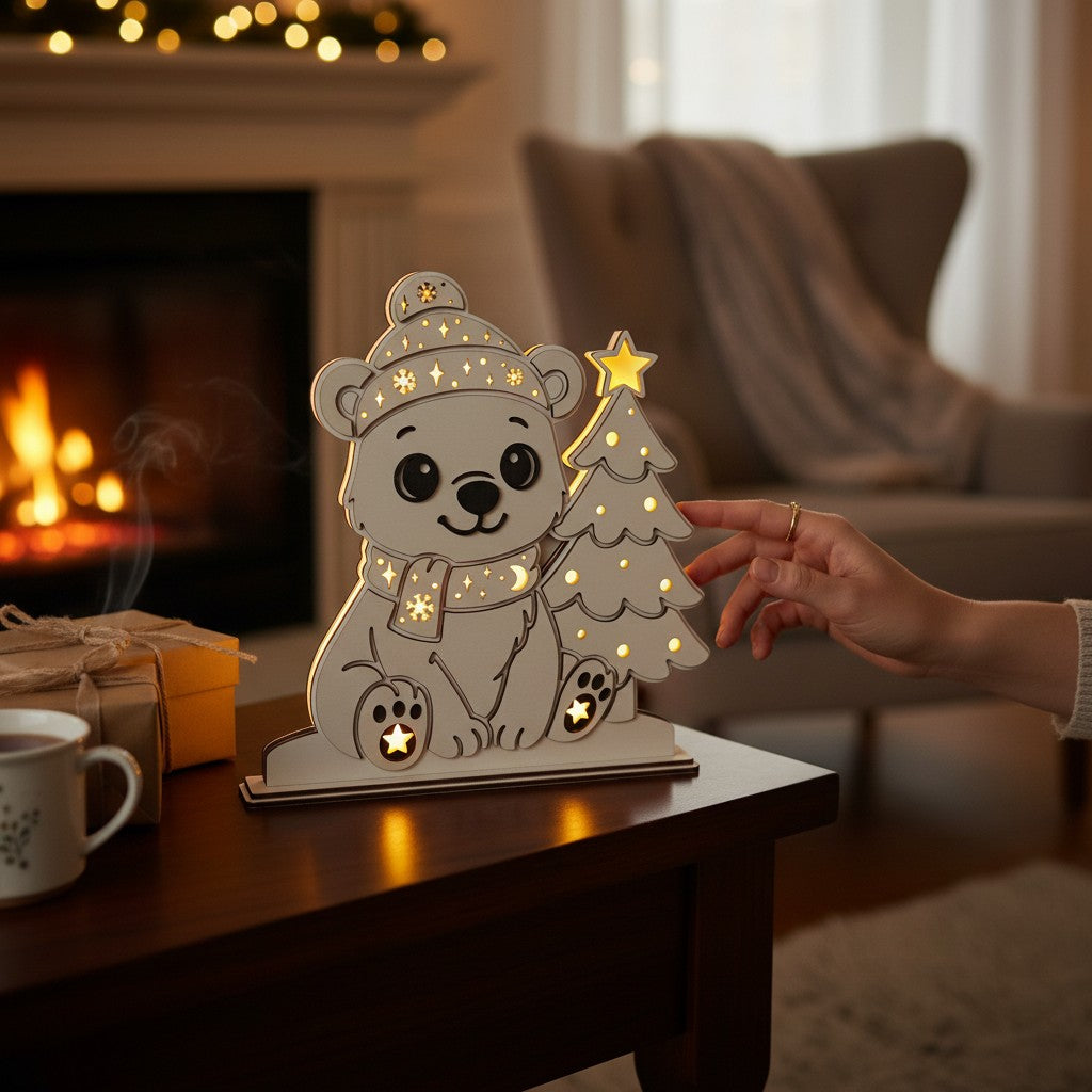 Laserdatei LED Eisbär – Winter Nachtlicht & Weihnachtsdeko aus Holz