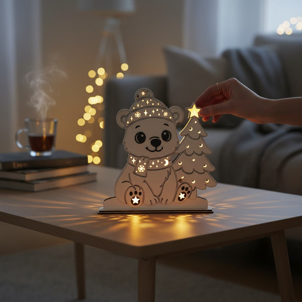 Laserdatei LED Eisbär – Winter Nachtlicht & Weihnachtsdeko aus Holz