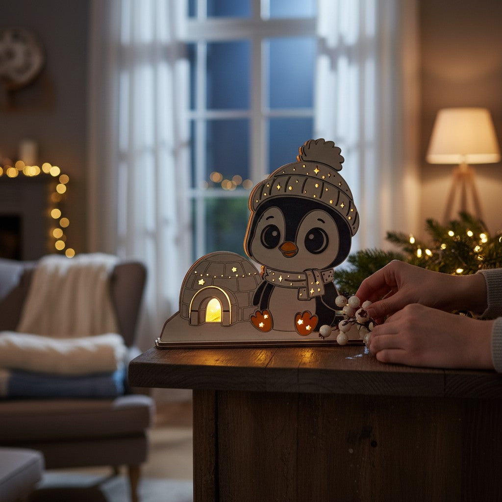 Laser Cut File: LED Pinguin Nachtlicht – Leuchtende Weihnachtsdeko