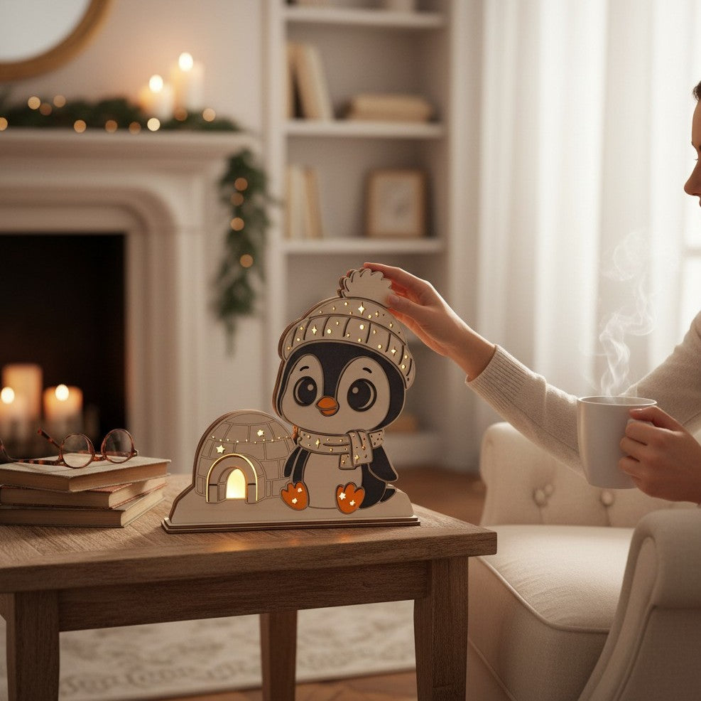 Laser Cut File: LED Pinguin Nachtlicht – Leuchtende Weihnachtsdeko