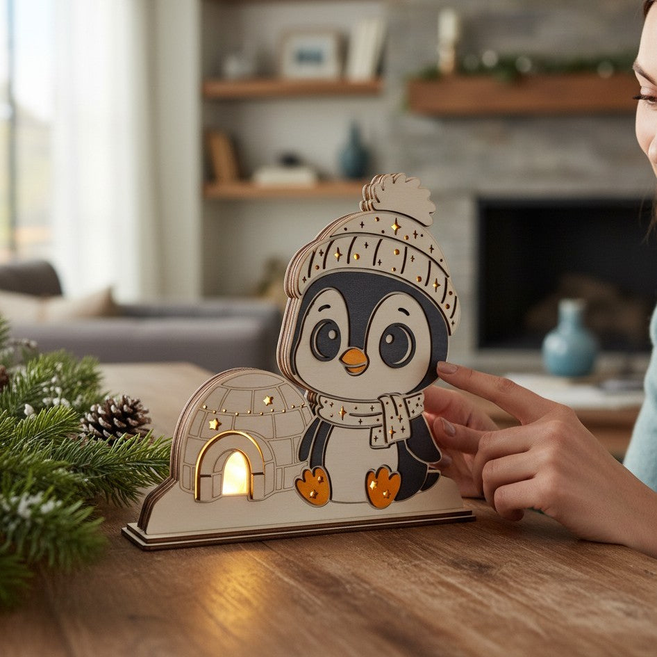 Laser Cut File: LED Pinguin Nachtlicht – Leuchtende Weihnachtsdeko