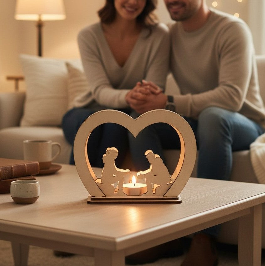 Laser Cut File Teelichthalter – Romantisches Paar am Lagerfeuer für 4mm Holzdicke