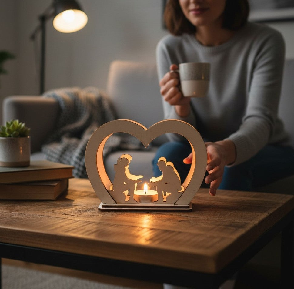 Laser Cut File Teelichthalter – Romantisches Paar am Lagerfeuer für 4mm Holzdicke