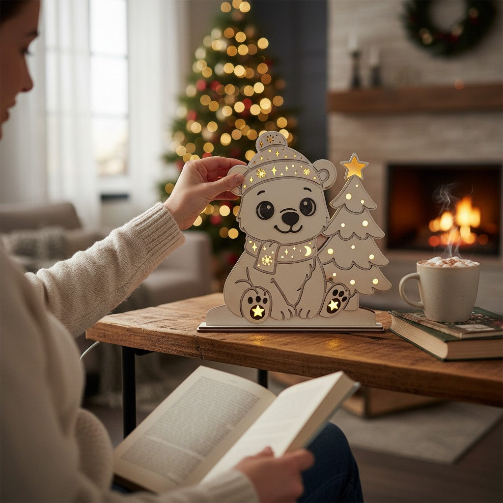 Laserdatei LED Eisbär – Winter Nachtlicht & Weihnachtsdeko aus Holz