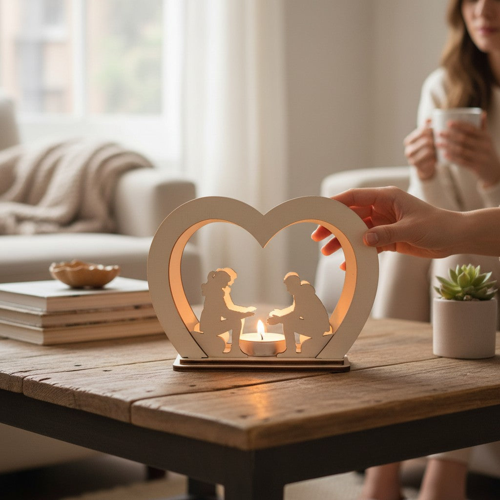 Laser Cut File Teelichthalter – Romantisches Paar am Lagerfeuer für 4mm Holzdicke