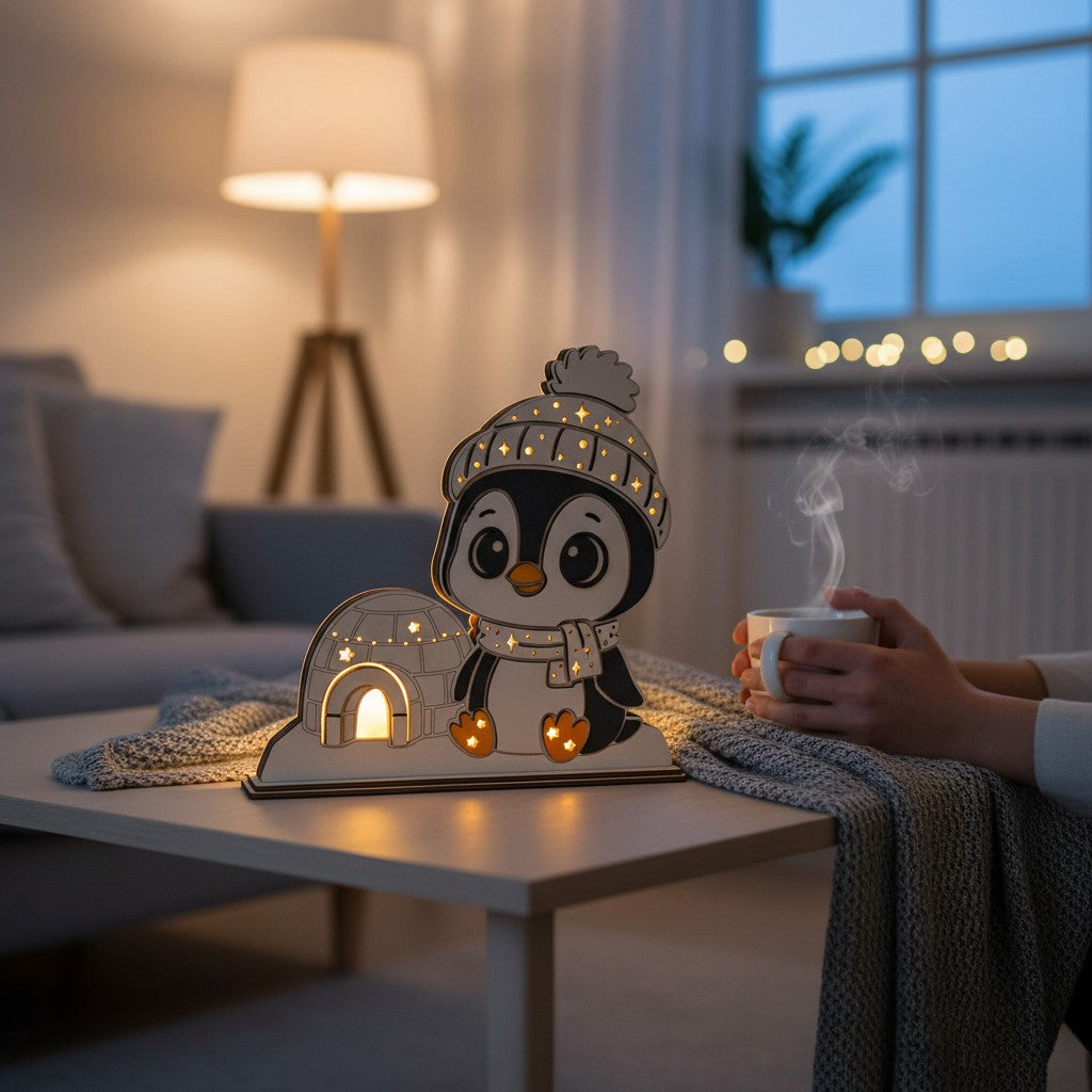 Laser Cut File: LED Pinguin Nachtlicht – Leuchtende Weihnachtsdeko