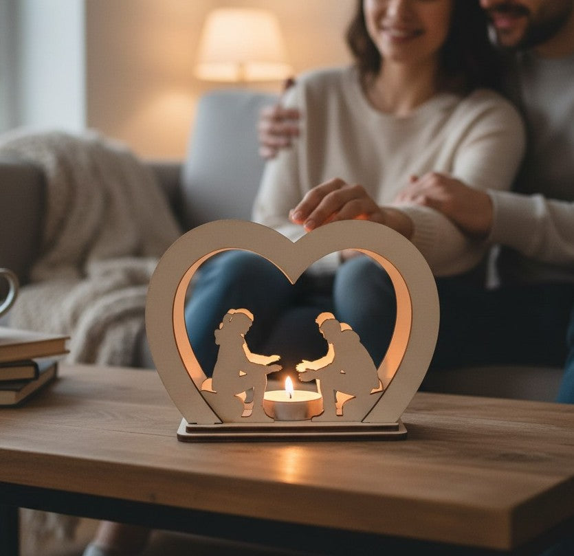 Laser Cut File Teelichthalter – Romantisches Paar am Lagerfeuer für 4mm Holzdicke
