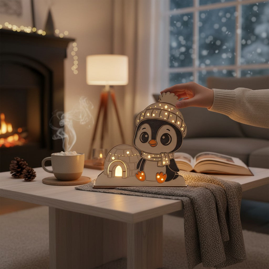 Laser Cut File: LED Pinguin Nachtlicht – Leuchtende Weihnachtsdeko