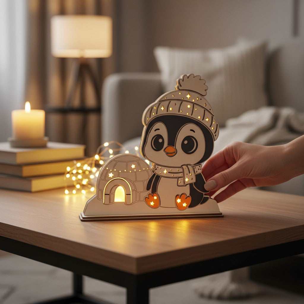 Laser Cut File: LED Pinguin Nachtlicht – Leuchtende Weihnachtsdeko