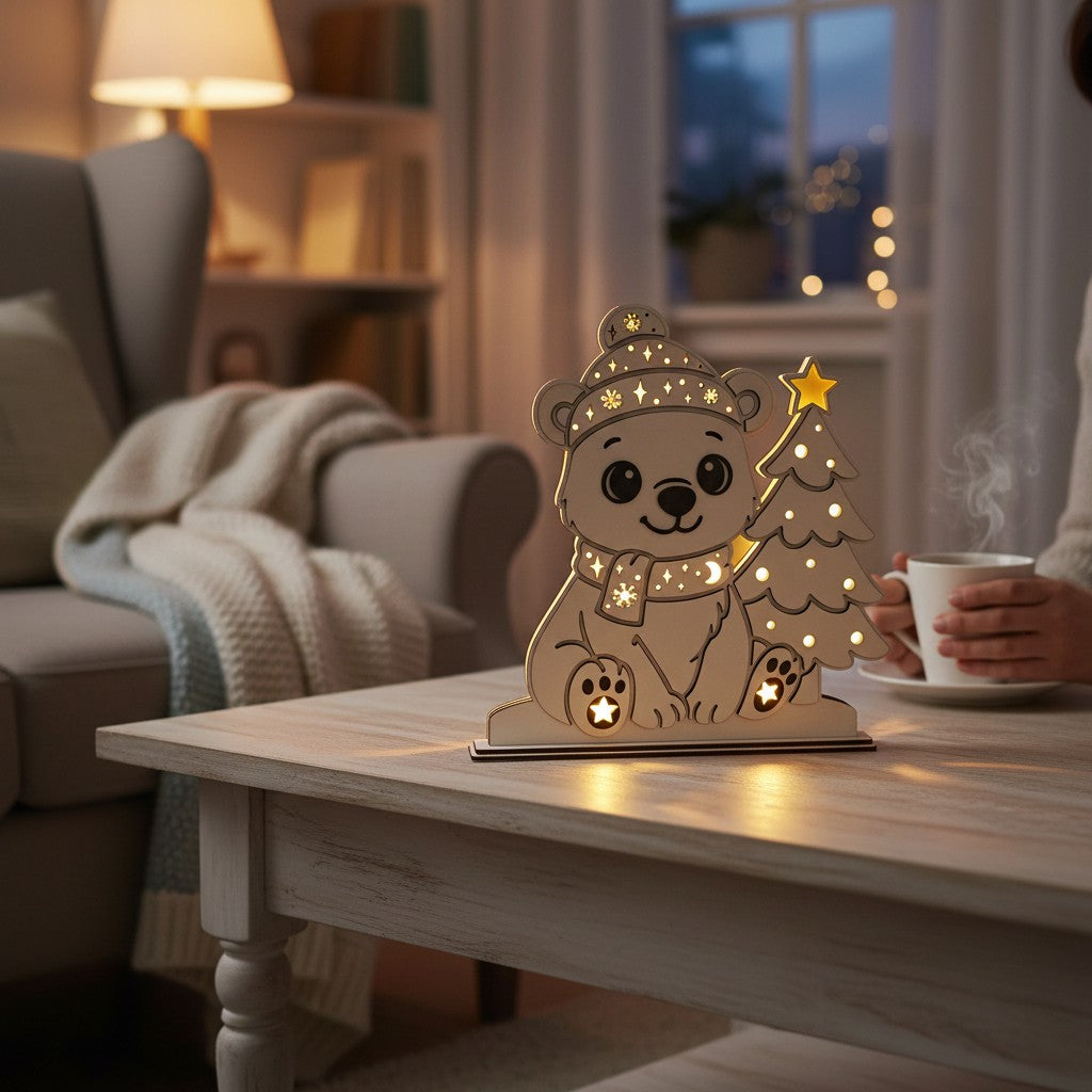 Laserdatei LED Eisbär – Winter Nachtlicht & Weihnachtsdeko aus Holz