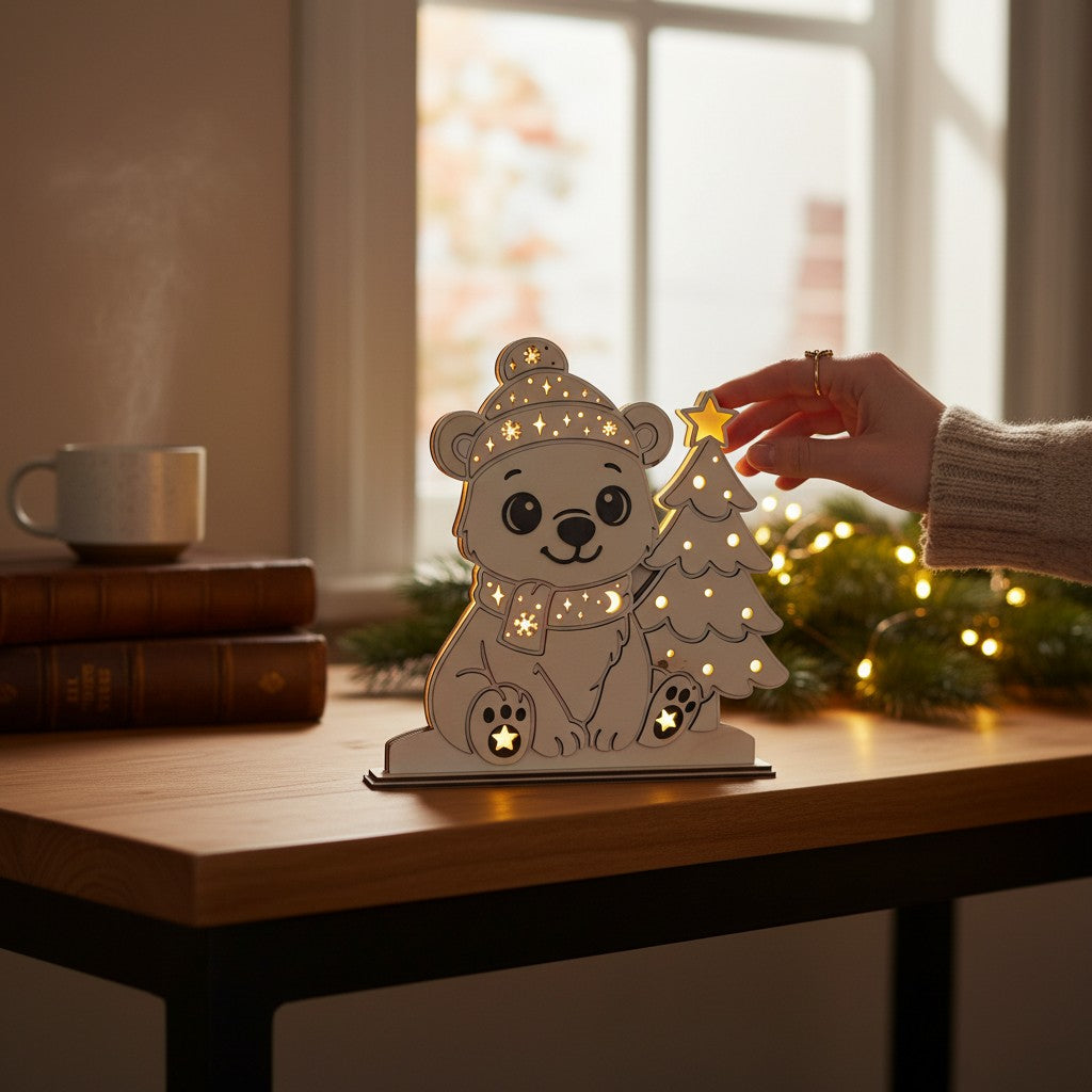 Laserdatei LED Eisbär – Winter Nachtlicht & Weihnachtsdeko aus Holz