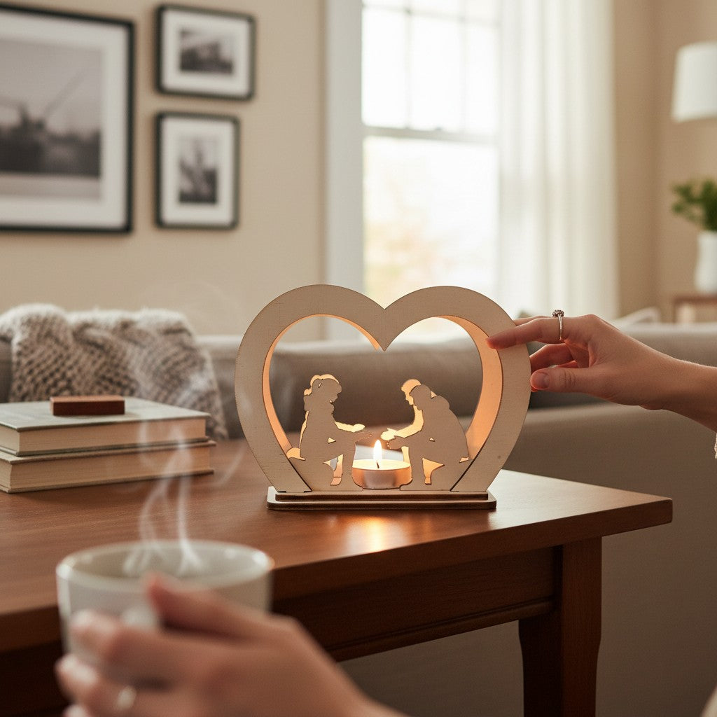 Laser Cut File Teelichthalter – Romantisches Paar am Lagerfeuer für 4mm Holzdicke