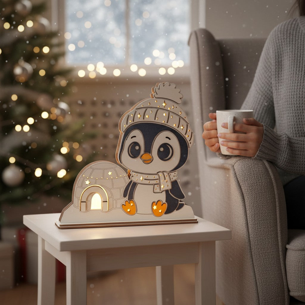 Laser Cut File: LED Pinguin Nachtlicht – Leuchtende Weihnachtsdeko