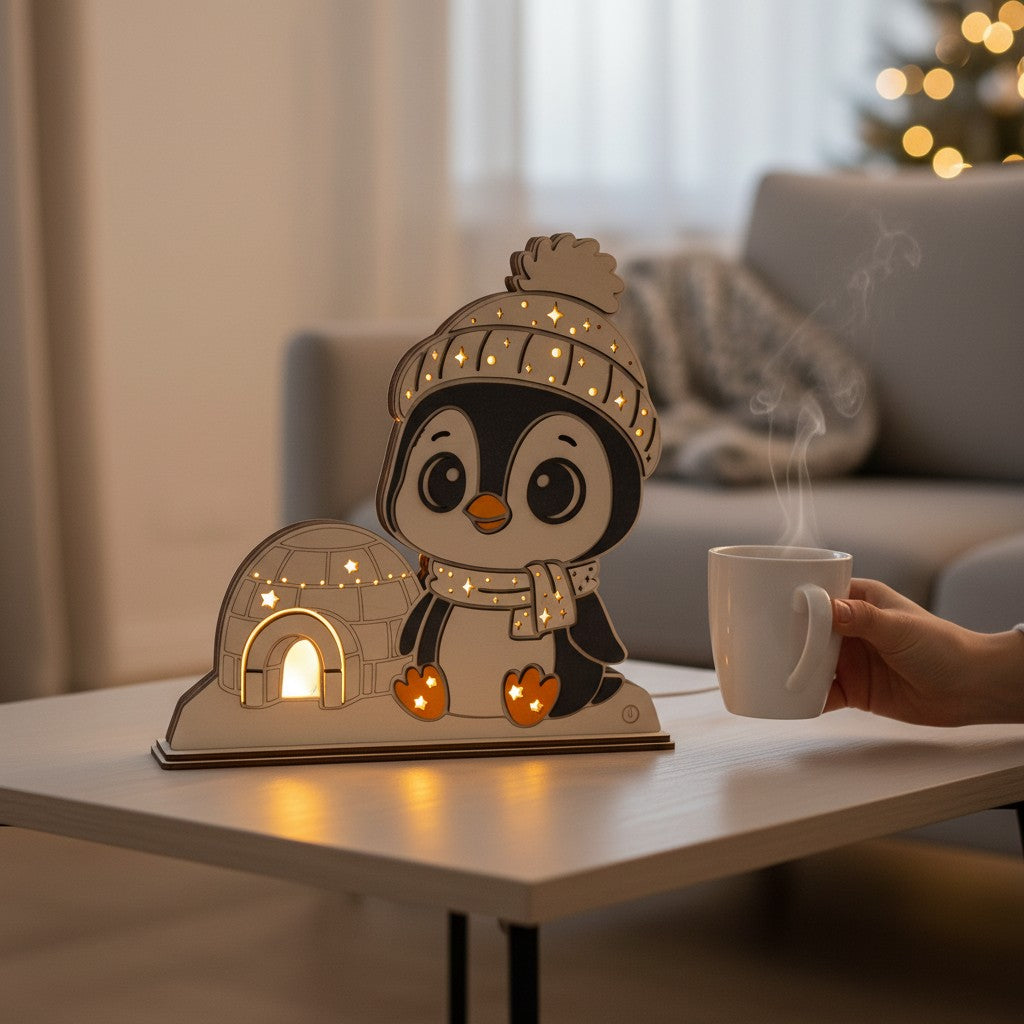 Laser Cut File: LED Pinguin Nachtlicht – Leuchtende Weihnachtsdeko