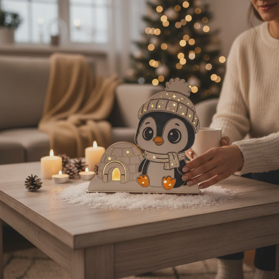 Laser Cut File: LED Pinguin Nachtlicht – Leuchtende Weihnachtsdeko